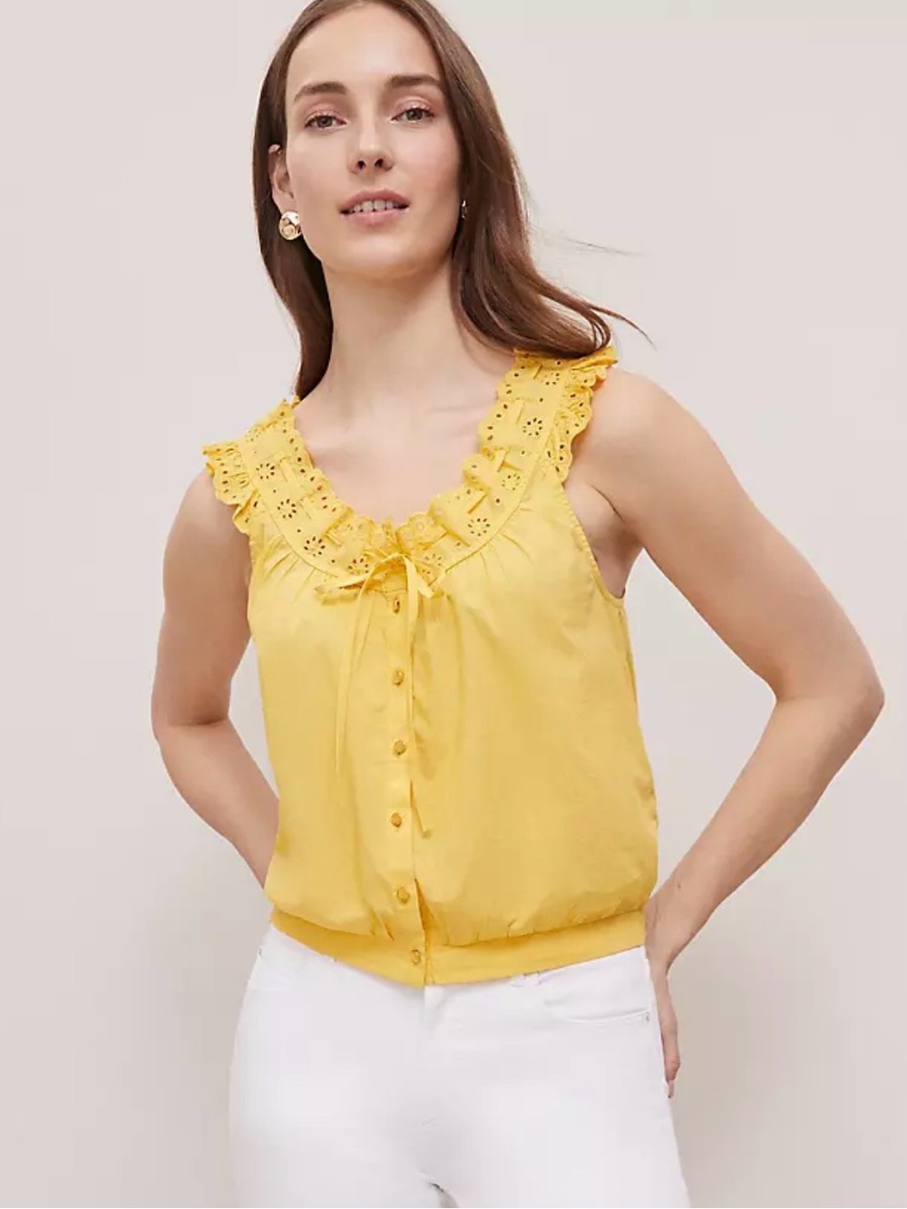 Ann Taylor Weekend Sleeveless Mimosa Yellow Eyelet Tie Neck Top Blouse M